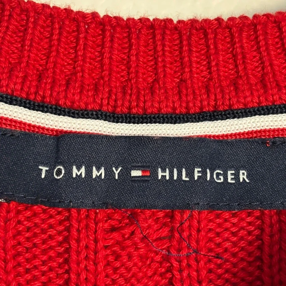 Tommy Hilfiger XL Cable Knit Sweater 100% Cotton Red Striped Preppy Fisherman